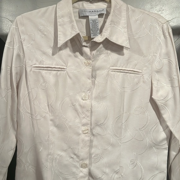 Sag Harbor Petite- cream button down embroidered  blouse - 8 - Picture 3 of 6